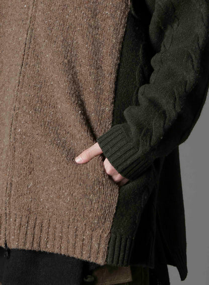 FINE MERINO WOOL CABLE SWITCH UNBALANCE HOODIE