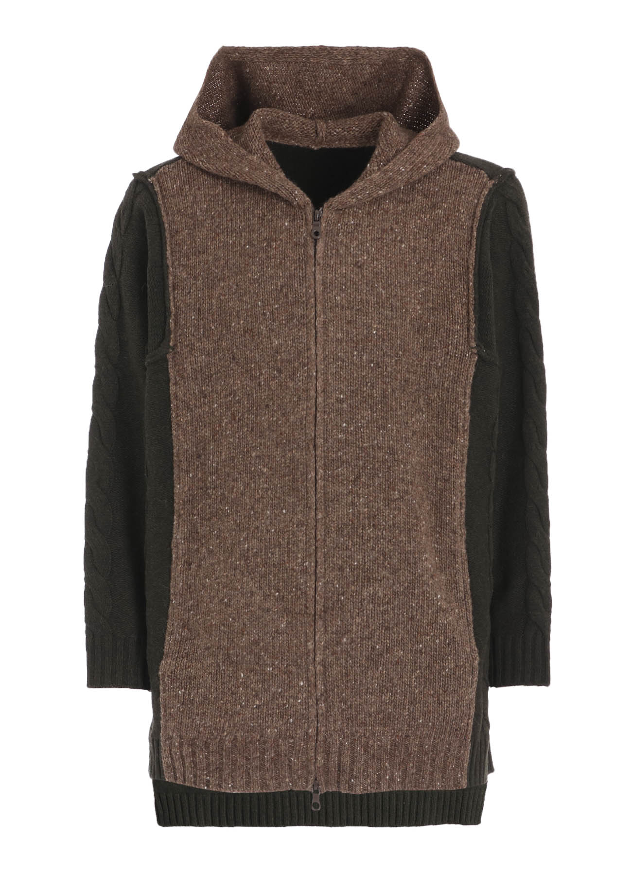 FINE MERINO WOOL CABLE SWITCH UNBALANCE HOODIE
