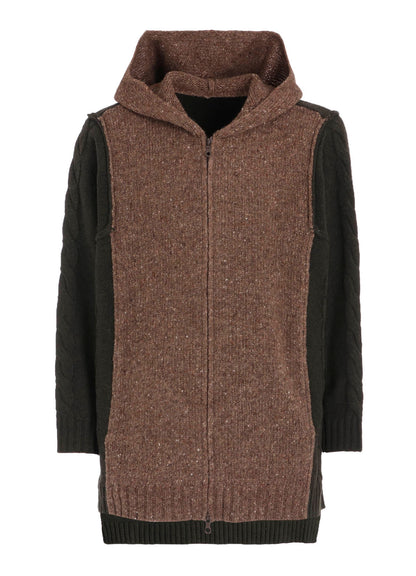 FINE MERINO WOOL CABLE SWITCH UNBALANCE HOODIE