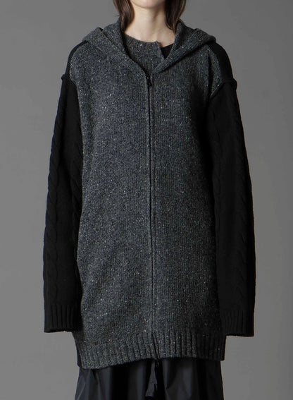 FINE MERINO WOOL CABLE SWITCH UNBALANCE HOODIE