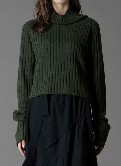 FINE MERINO WOOL RIBBED RAGLEN SHORT LENGTH TURTLE NECK