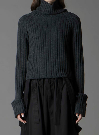 FINE MERINO WOOL RIBBED RAGLEN SHORT LENGTH TURTLE NECK
