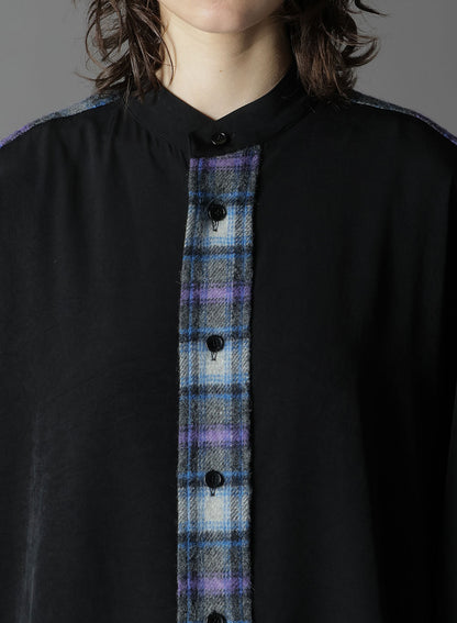 DE CHINE+CHECKED SHAGGY WOOL SPARE WING COLLAR SHIRT