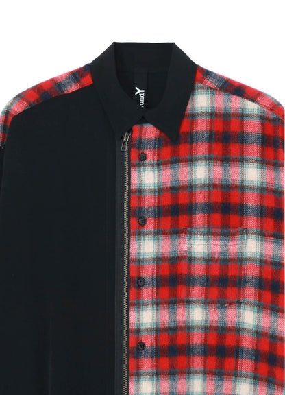 DE CHINE+CHECKED SHAGGY WOOL FRONT ZIPPER SHIRT