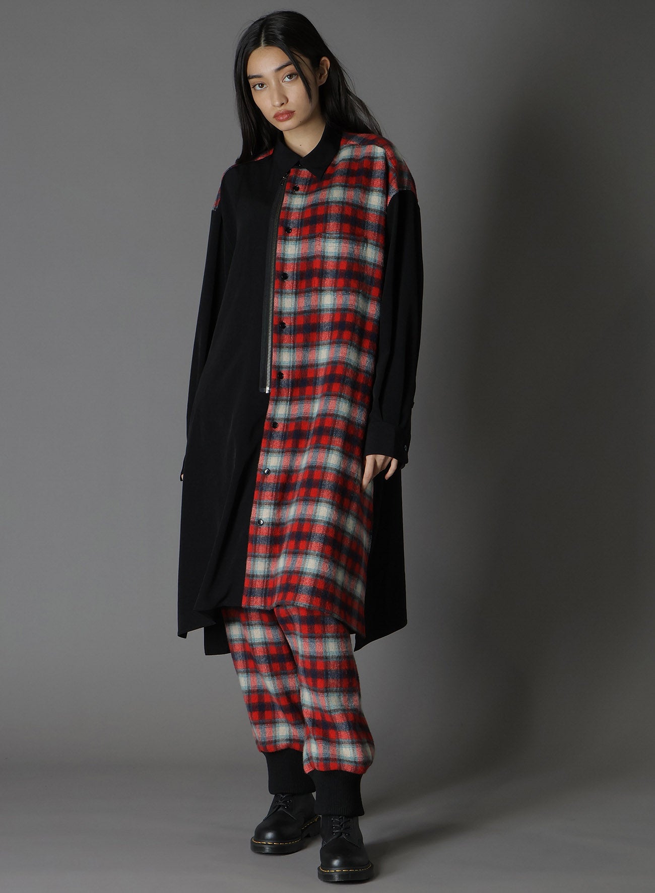 DE CHINE+CHECKED SHAGGY WOOL FRONT ZIPPER SHIRT