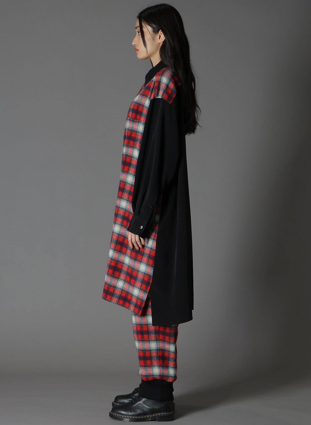 DE CHINE+CHECKED SHAGGY WOOL FRONT ZIPPER SHIRT