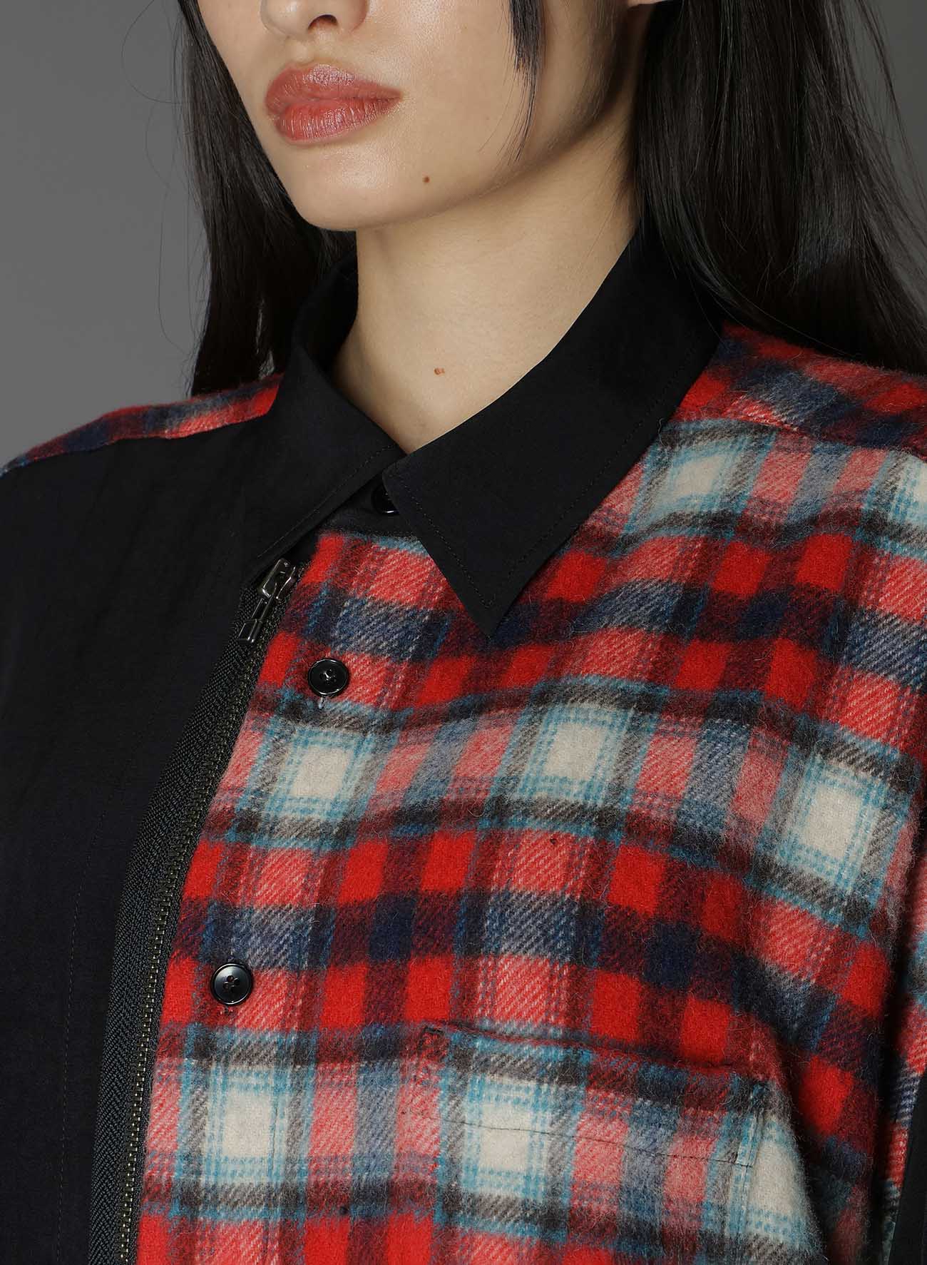 DE CHINE+CHECKED SHAGGY WOOL FRONT ZIPPER SHIRT