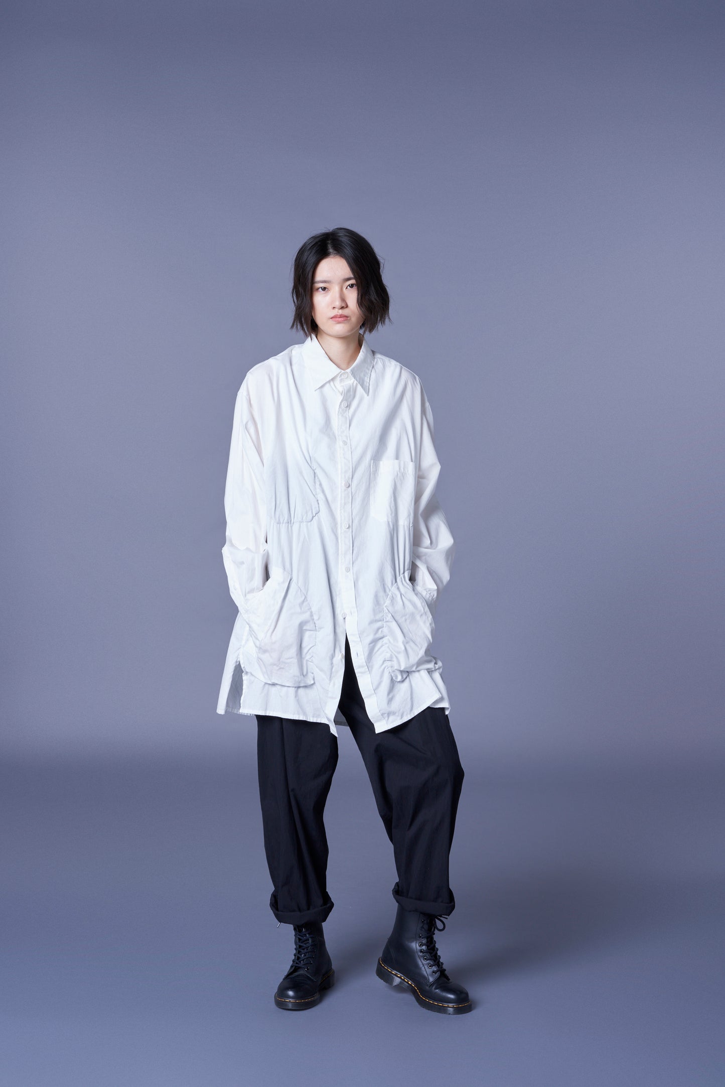 COTTON BROAD LONG SHIRT WITH FULLED WOOL GAUZE POCKETS