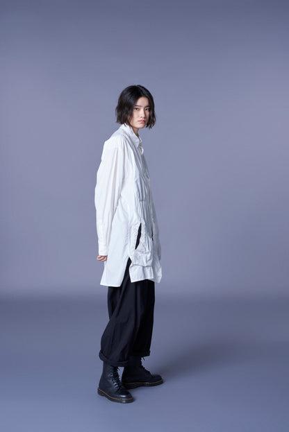 COTTON BROAD LONG SHIRT WITH FULLED WOOL GAUZE POCKETS