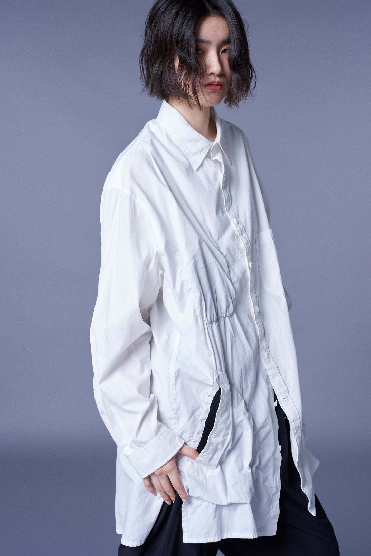 COTTON BROAD LONG SHIRT WITH FULLED WOOL GAUZE POCKETS