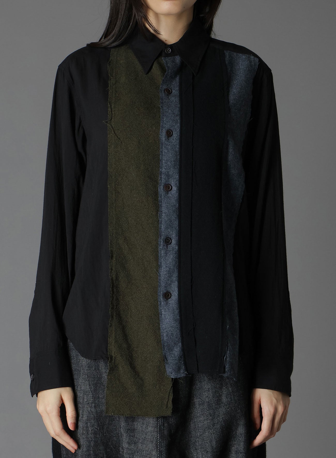 VARIOUS MATERIAL COMBINATION ASYMMETRY SLIM SHIRT