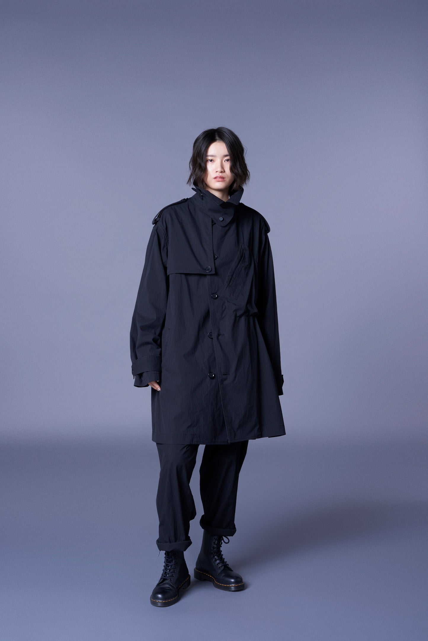 COTTON/NYLON OXFORD ZIPPER TRENCH COAT WITH FULLED WOOL GAUZE POCKETS