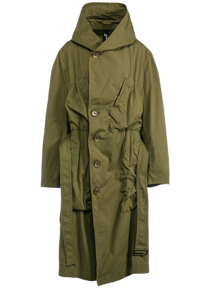 COTTON/NYLON OXFORD HOODED COAT WITH FULLED WOOL GAUZE POCKETS