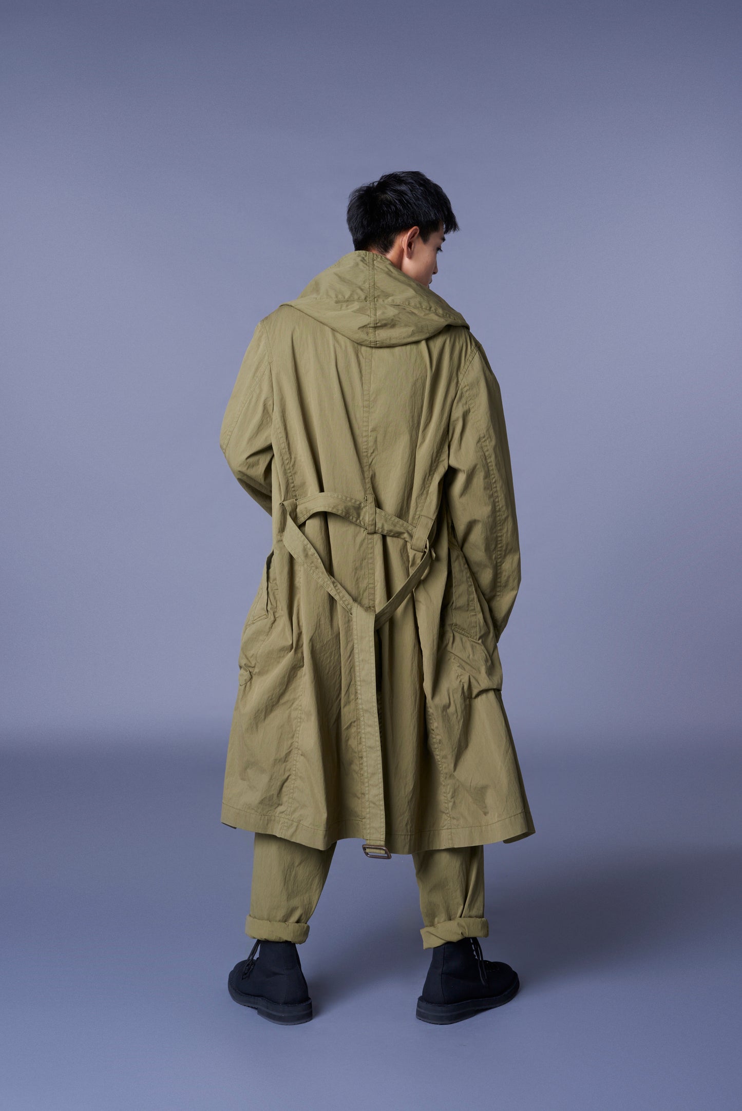 COTTON/NYLON OXFORD HOODED COAT WITH FULLED WOOL GAUZE POCKETS