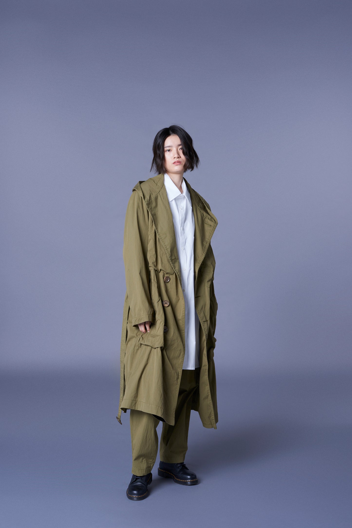 COTTON/NYLON OXFORD HOODED COAT WITH FULLED WOOL GAUZE POCKETS