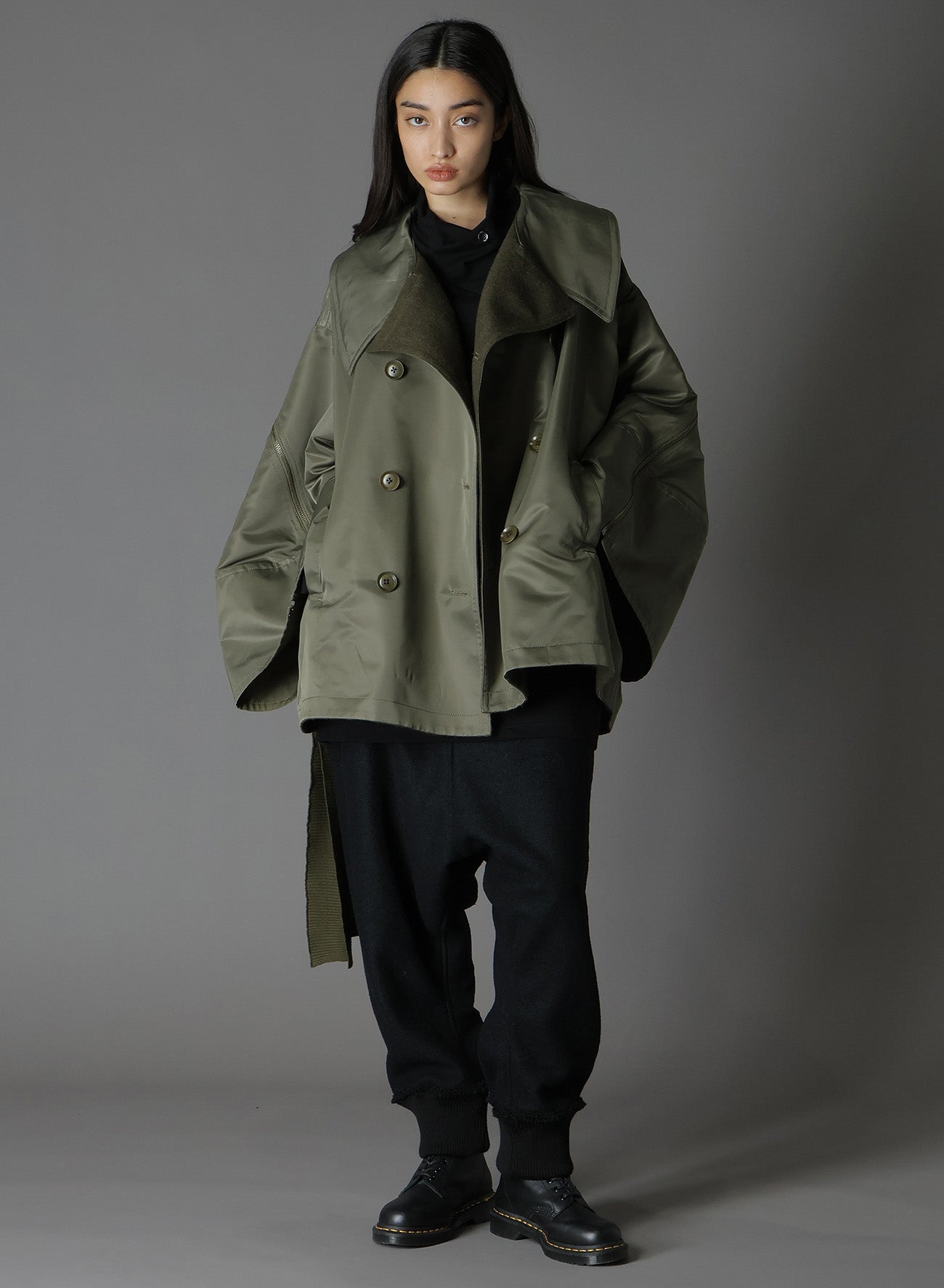 VARIOUS MATERIAL COMBINATION REVERSIBLE  SLEEVE ZIPPER COAT