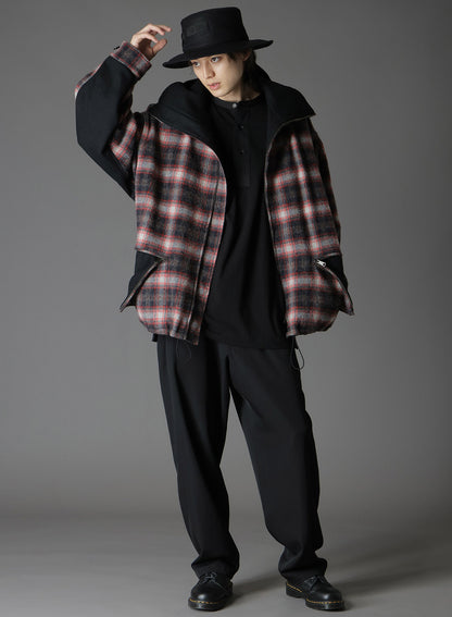 CHECKED SHAGGY WOOL ZIPPER POCKET HOODED BLOUSON