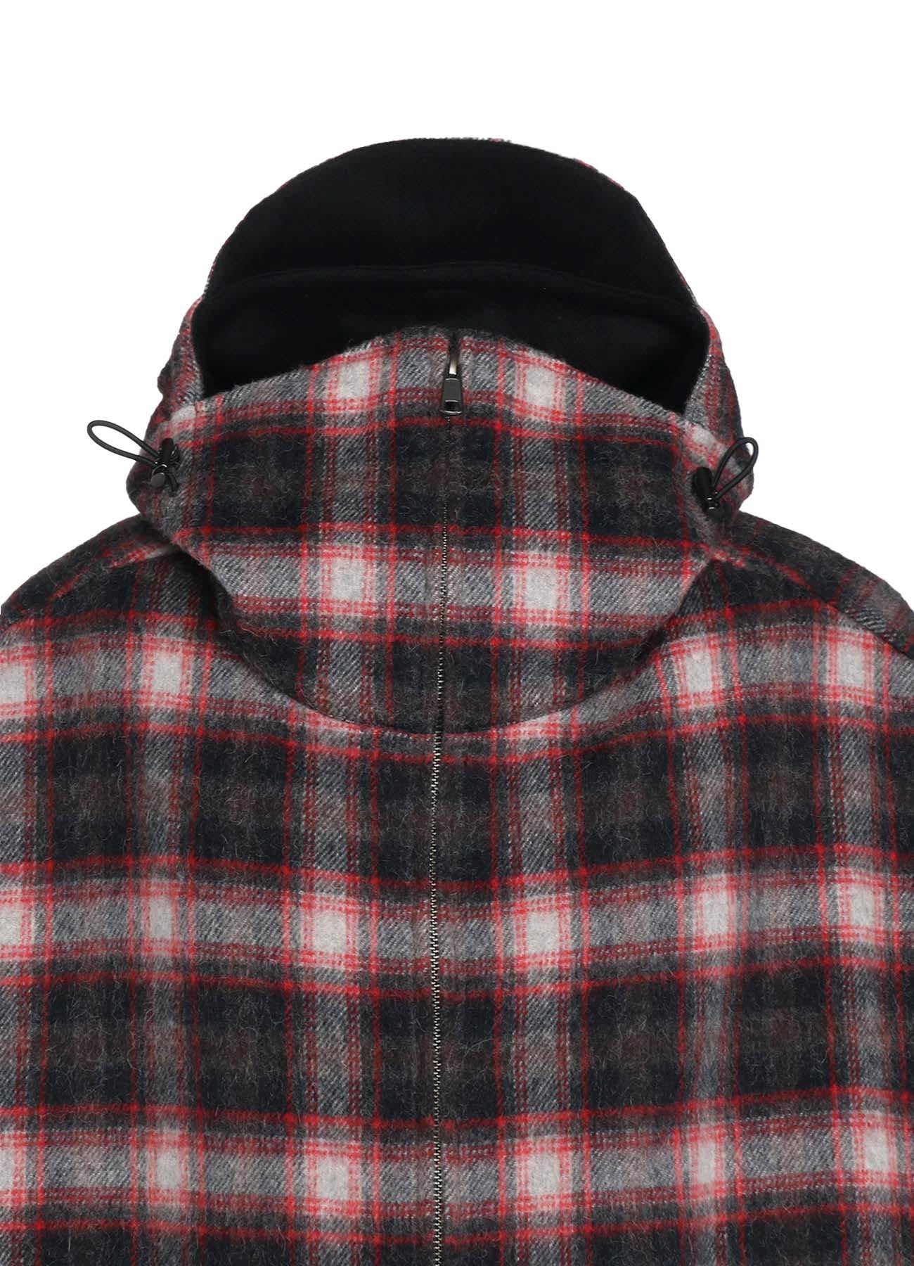 CHECKED SHAGGY WOOL ZIPPER POCKET HOODED BLOUSON