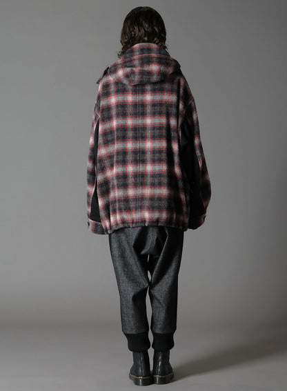 CHECKED SHAGGY WOOL ZIPPER POCKET HOODED BLOUSON