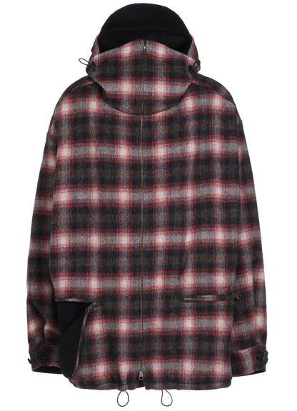 CHECKED SHAGGY WOOL ZIPPER POCKET HOODED BLOUSON