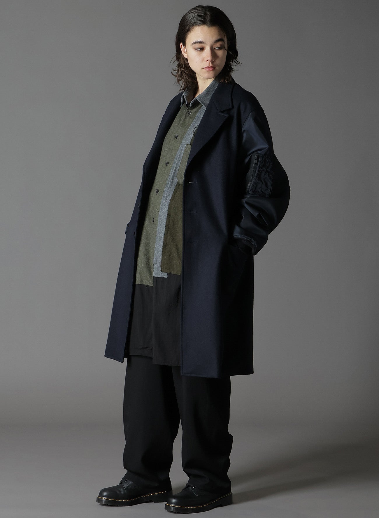 TOP DYED LIGHT FLANNEL+ NYLON TWILL LONG JACKET MA-1 SLEEVE