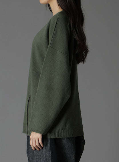 CASHMERE/EXTRA SUPER FINE WOOL ZIPPER CREW NECK KNIT