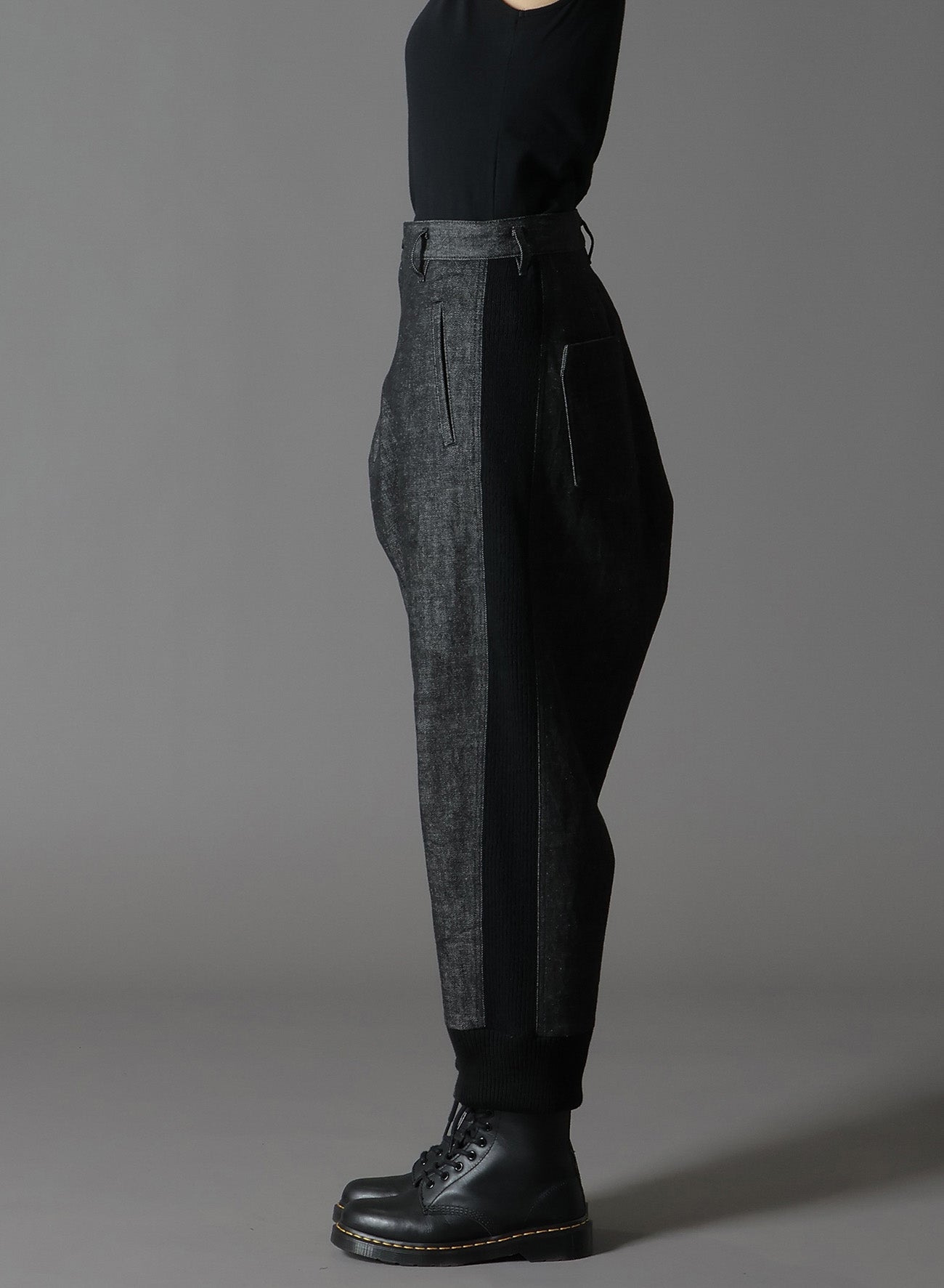 BLACK DENIM +WOOL JERSEY RIBBED HEM PANTS