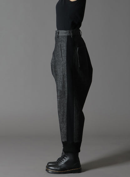 BLACK DENIM +WOOL JERSEY RIBBED HEM PANTS