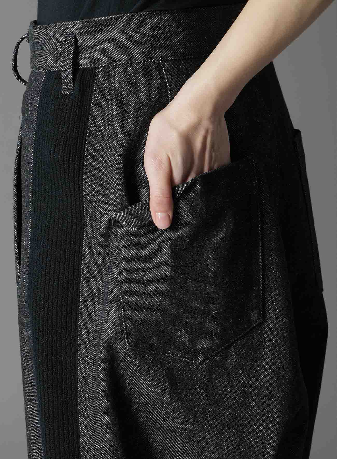 BLACK DENIM +WOOL JERSEY RIBBED HEM PANTS