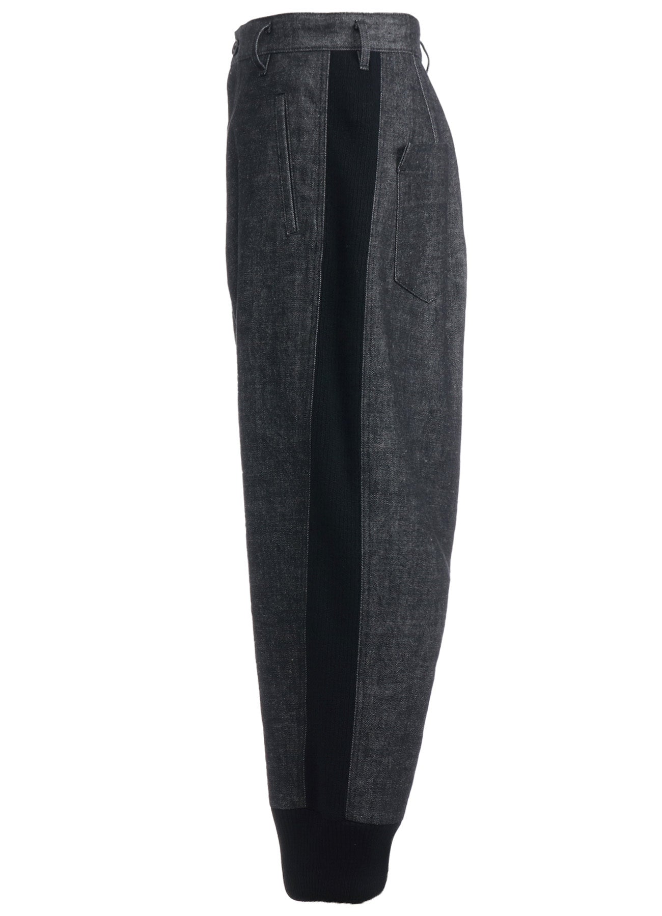 BLACK DENIM +WOOL JERSEY RIBBED HEM PANTS