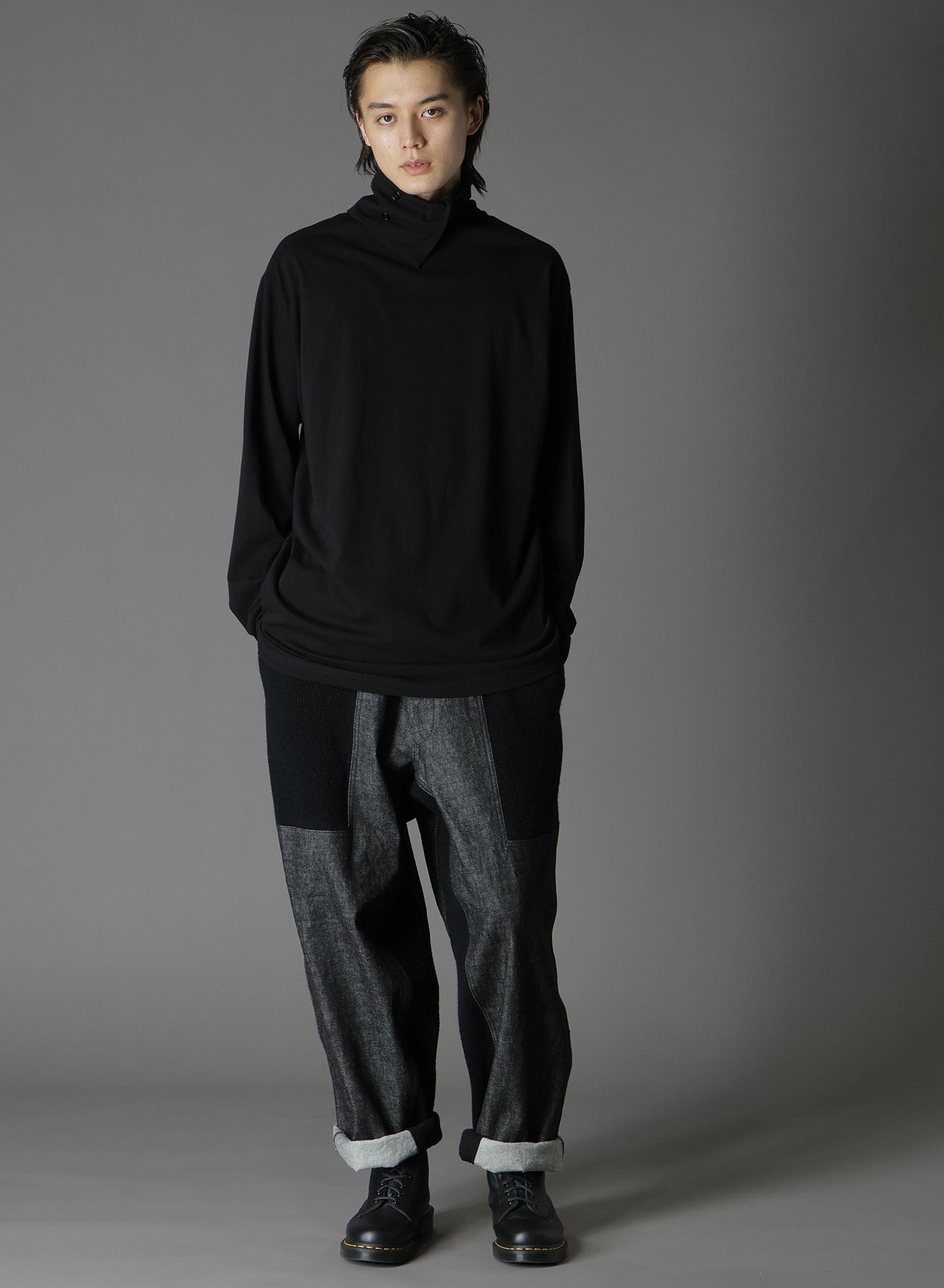 BLACK DENIM +WOOL JERSEY RIB WAIST STRING PANTS