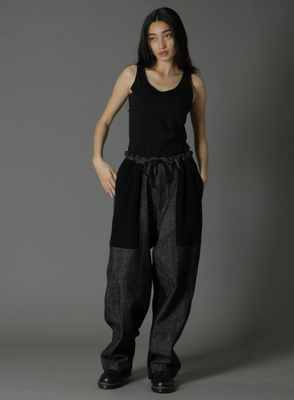 BLACK DENIM +WOOL JERSEY RIB WAIST STRING PANTS