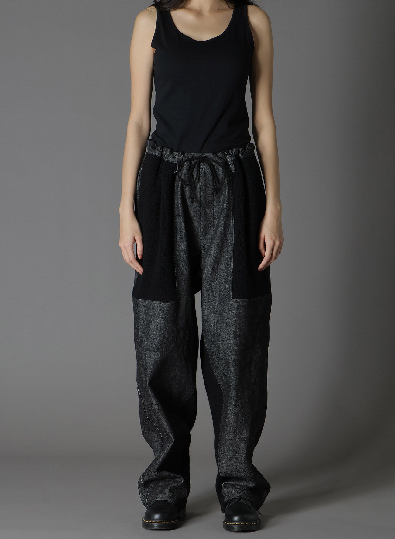 BLACK DENIM +WOOL JERSEY RIB WAIST STRING PANTS