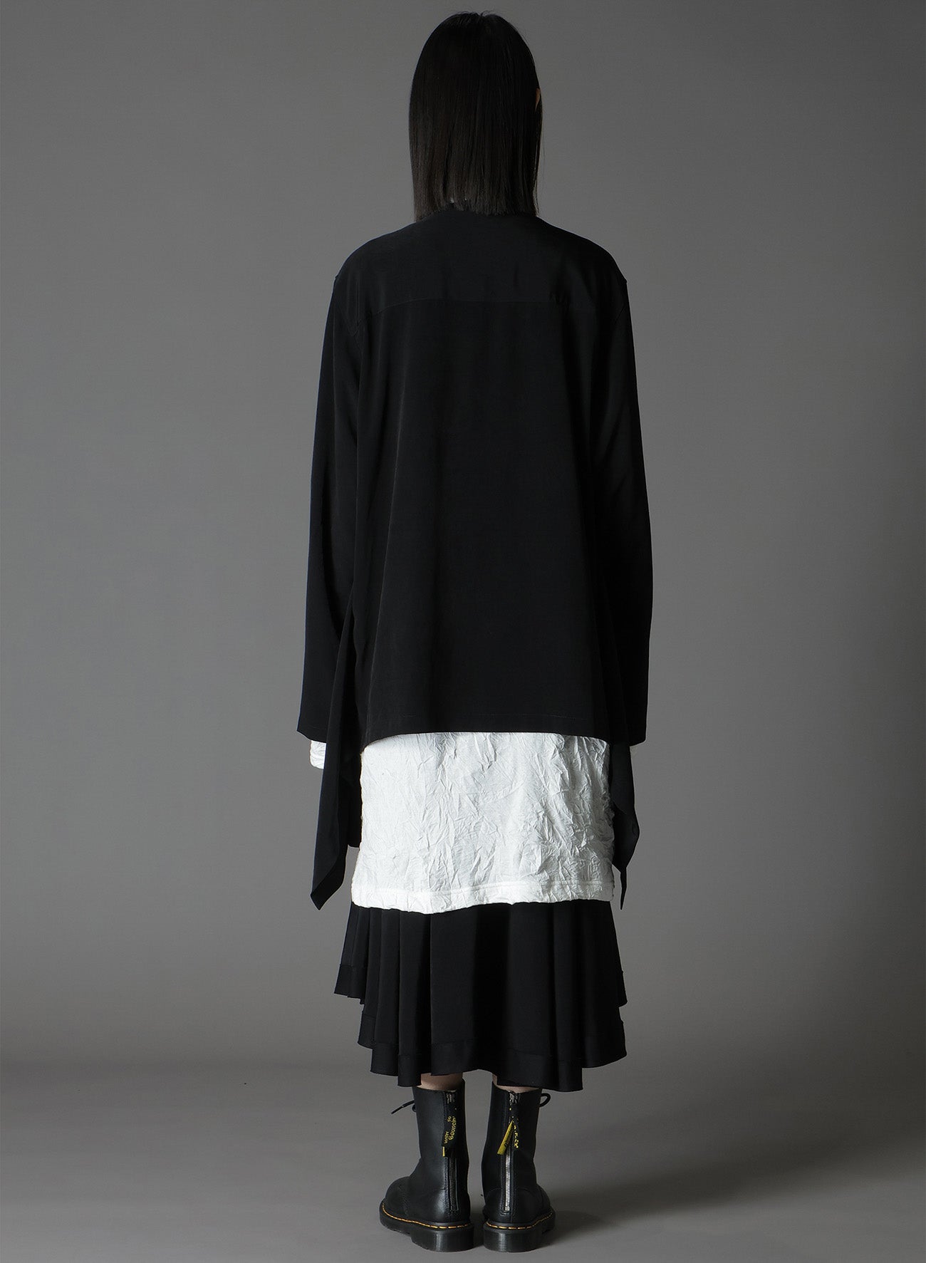 CREPE DE CHINE＋COTTONJERSEY FRONT DOUBLE FLUTTER CARDIGAN