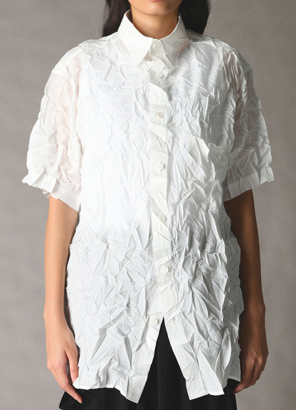 CRUSHED FABRIC STAND COLLAR BACK GATHER SHIRT