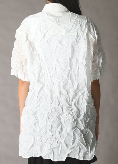 CRUSHED FABRIC STAND COLLAR BACK GATHER SHIRT