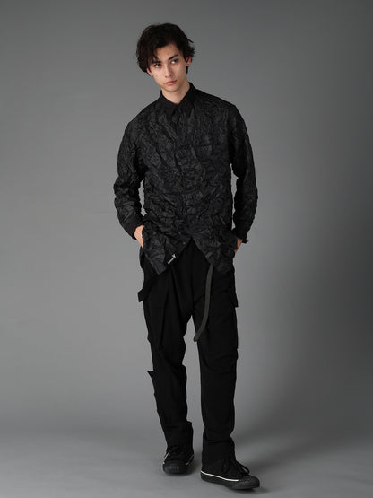 CRUSHED FABRIC LONG SLEEVE SHIRT-BLACK