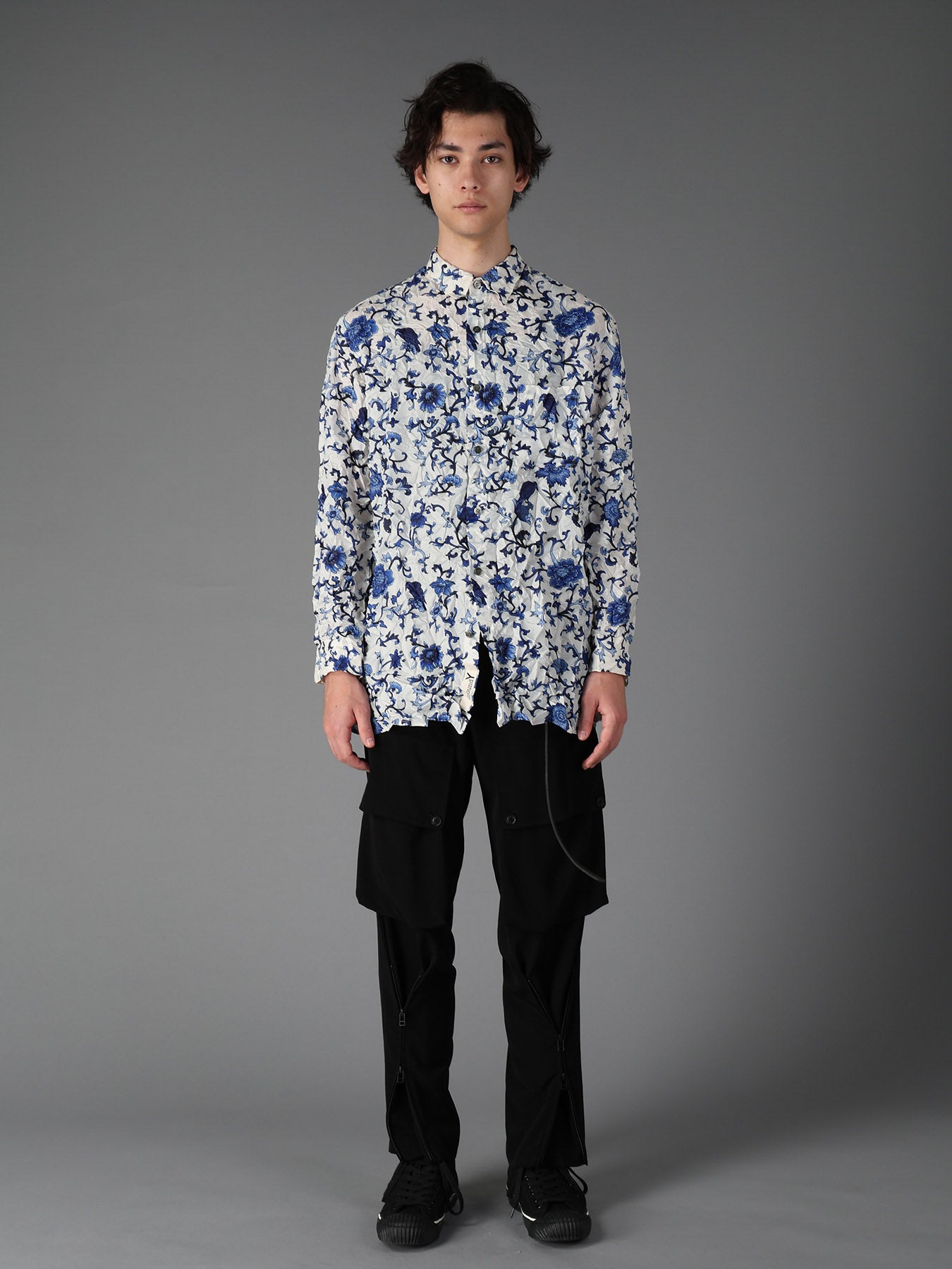 CRUSHED FABRIC BOTANICAL ARABESQUE PRINT SHIRT