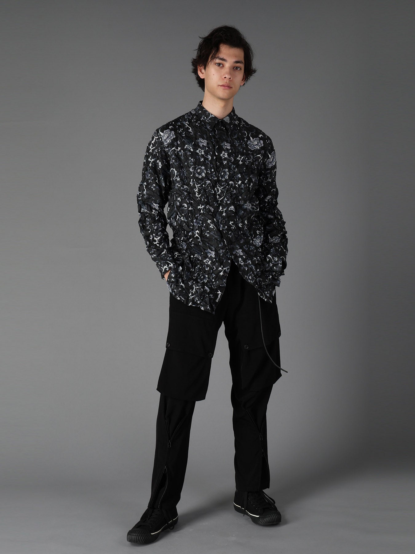 CRUSHED FABRIC BOTANICAL ARABESQUE PRINT SHIRT