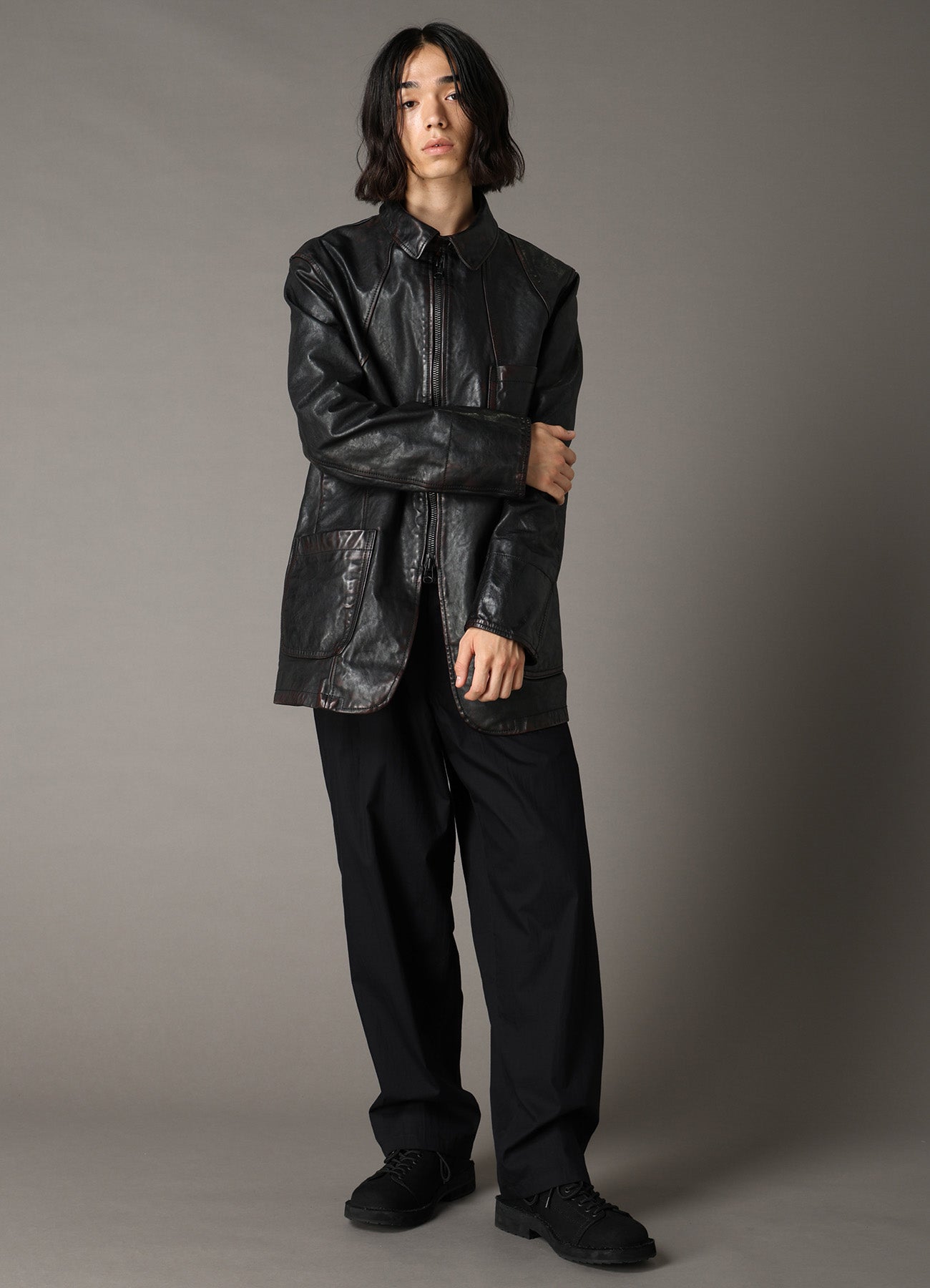 HORSE LEATHER FRONT OPEN PANAL JACKET