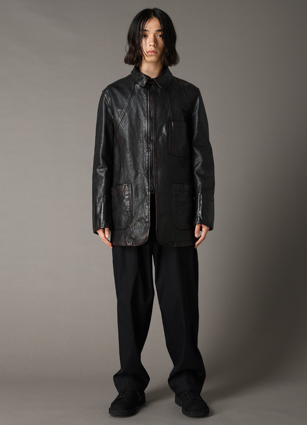 HORSE LEATHER FRONT OPEN PANAL JACKET