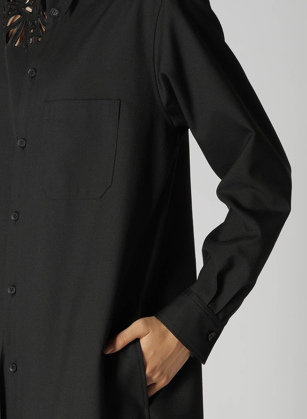 WOOL POLYESTER GABARDINE LEFT FRONT DRAPED DRESS SHIRT