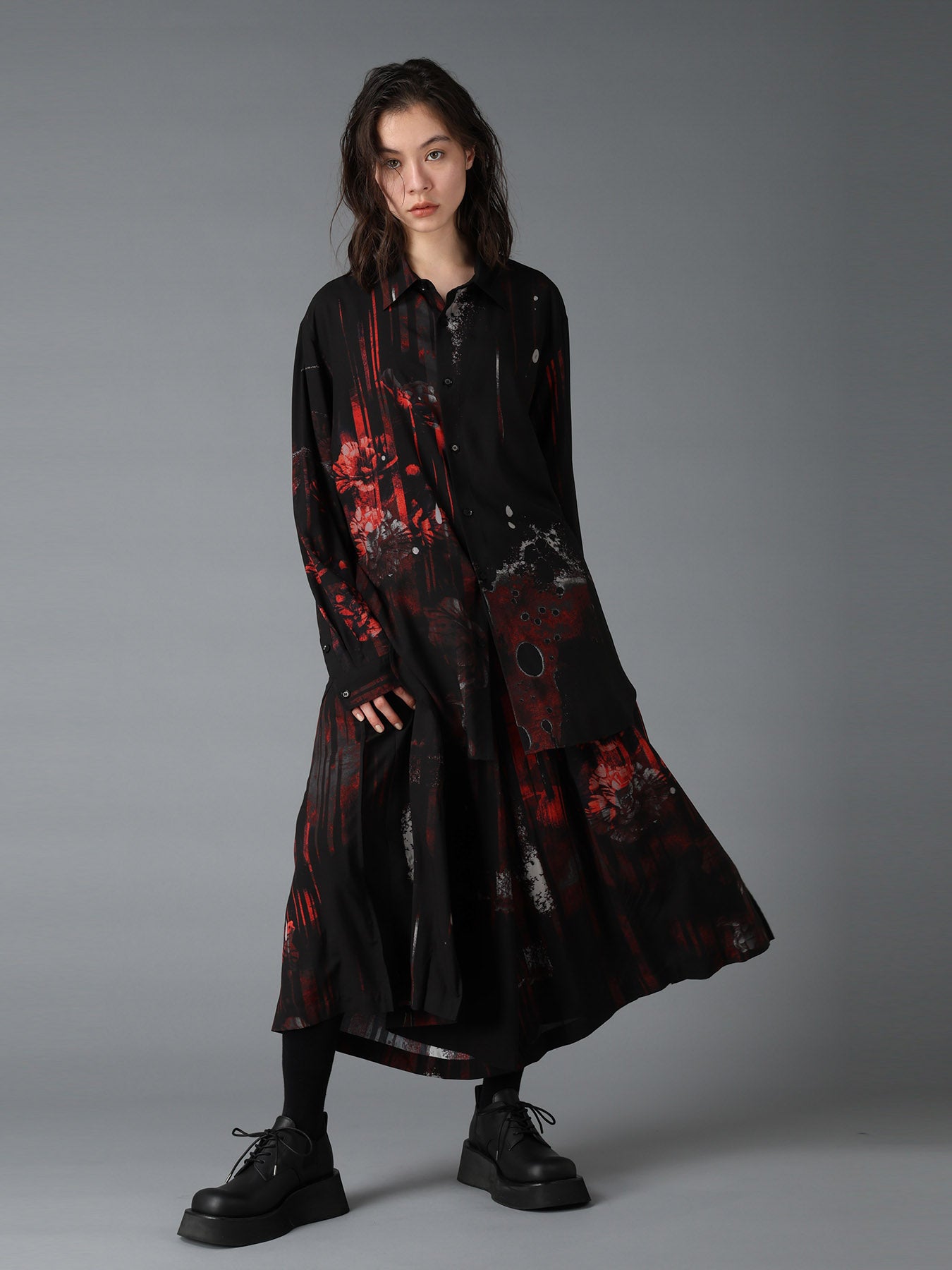 RAYON FLORAL STRIPED BIG SHIRT
