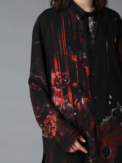 RAYON FLORAL STRIPED BIG SHIRT