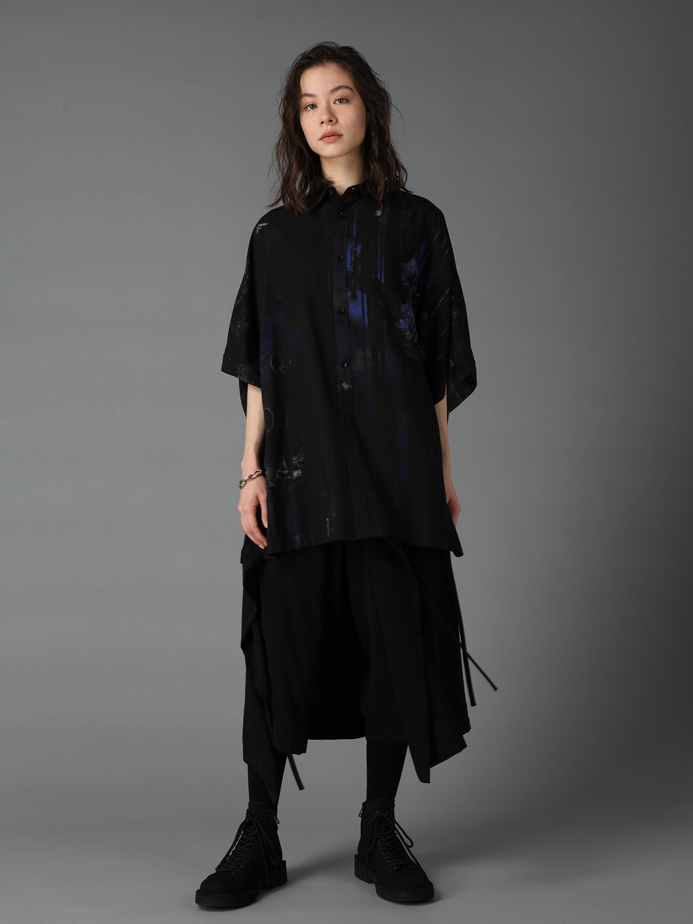RAYON FLORAL STRIPED FRONT DOLMAN BIG SHIRT
