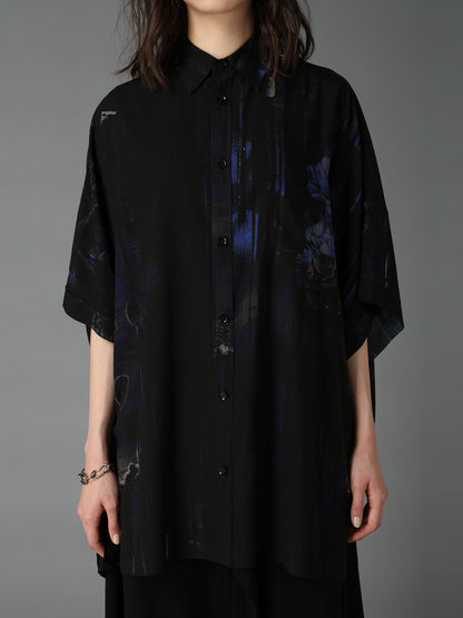 RAYON FLORAL STRIPED FRONT DOLMAN BIG SHIRT