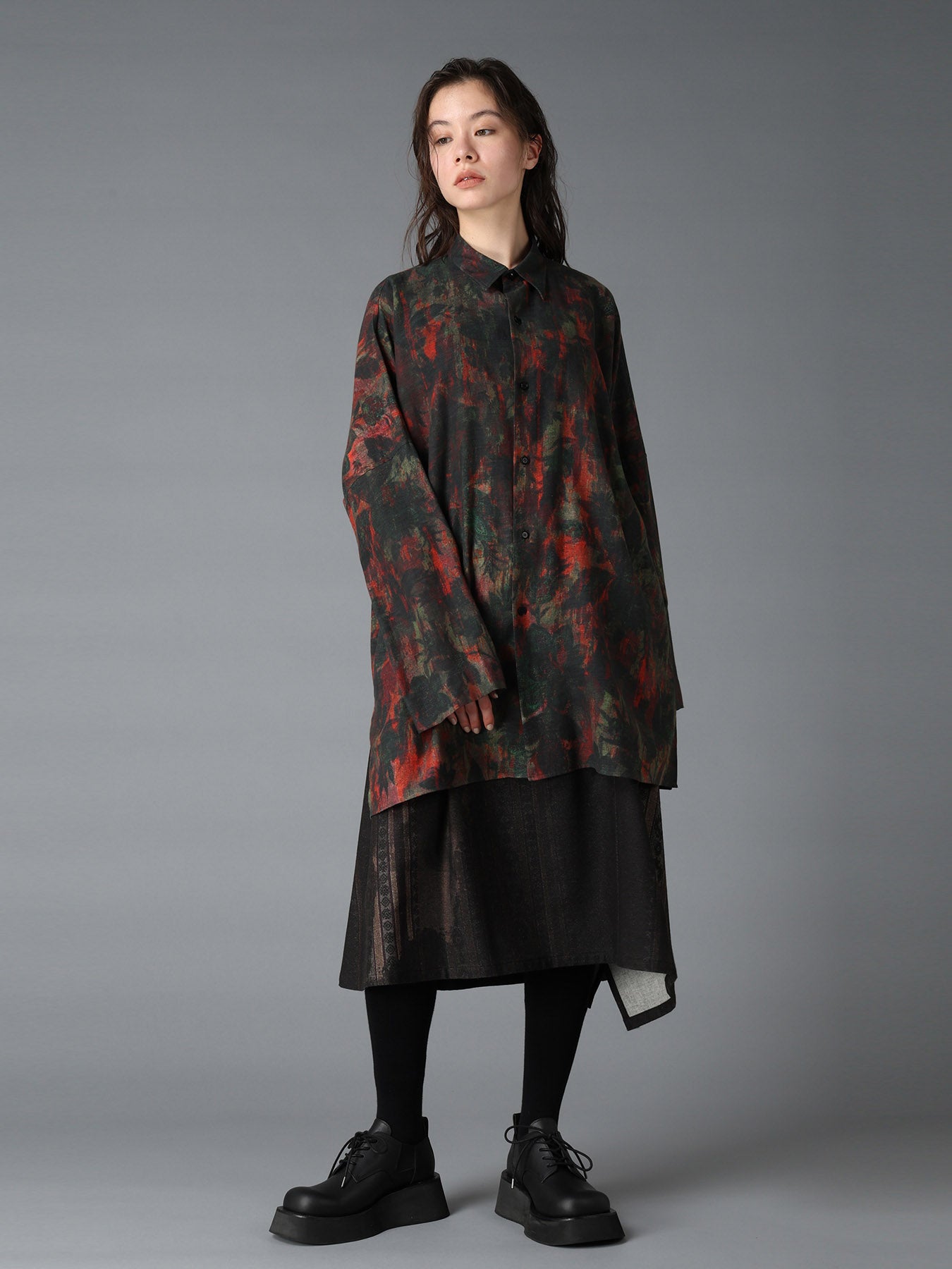 COTTON WOOL VIYELLA SHADOW FLORAL PATTERN DOLMAN SHIRT
