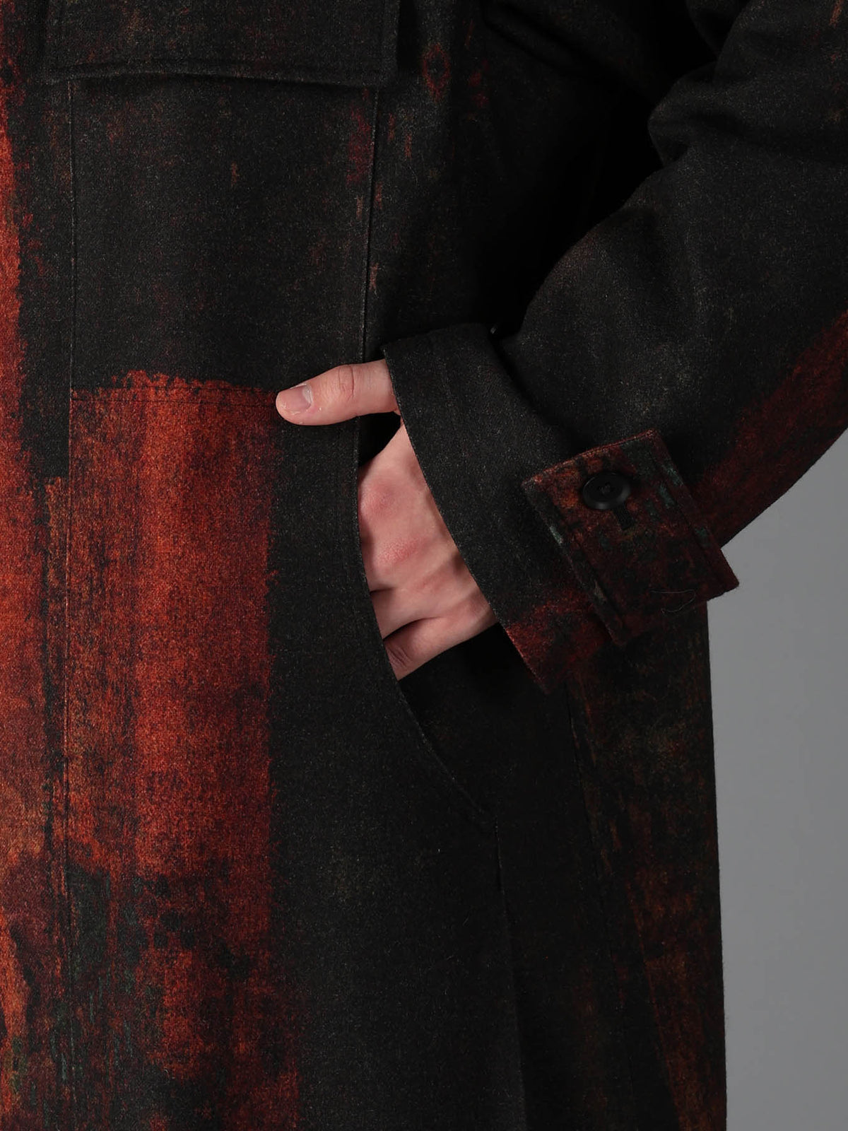 WOOL NYLON FLANNEL RUG PATTERN OUT-POCKET LONG COAT