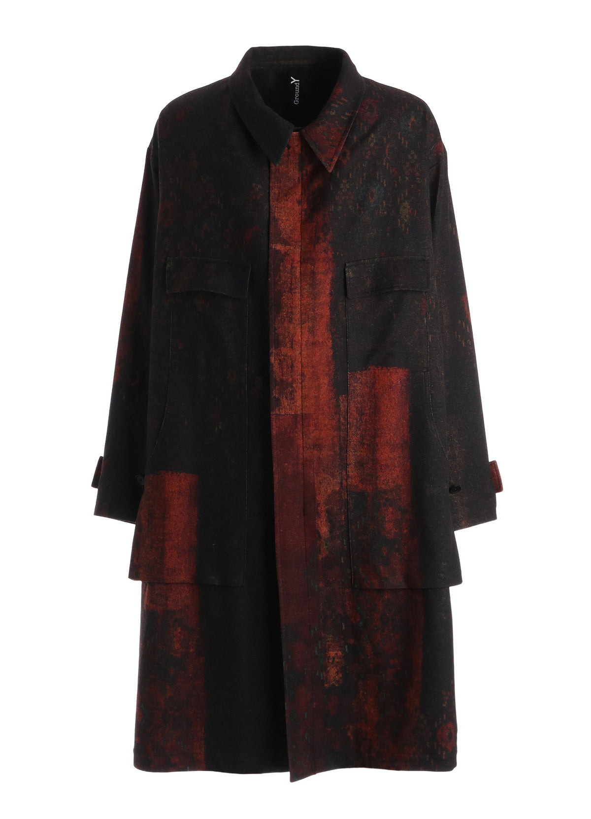 WOOL NYLON FLANNEL RUG PATTERN OUT-POCKET LONG COAT