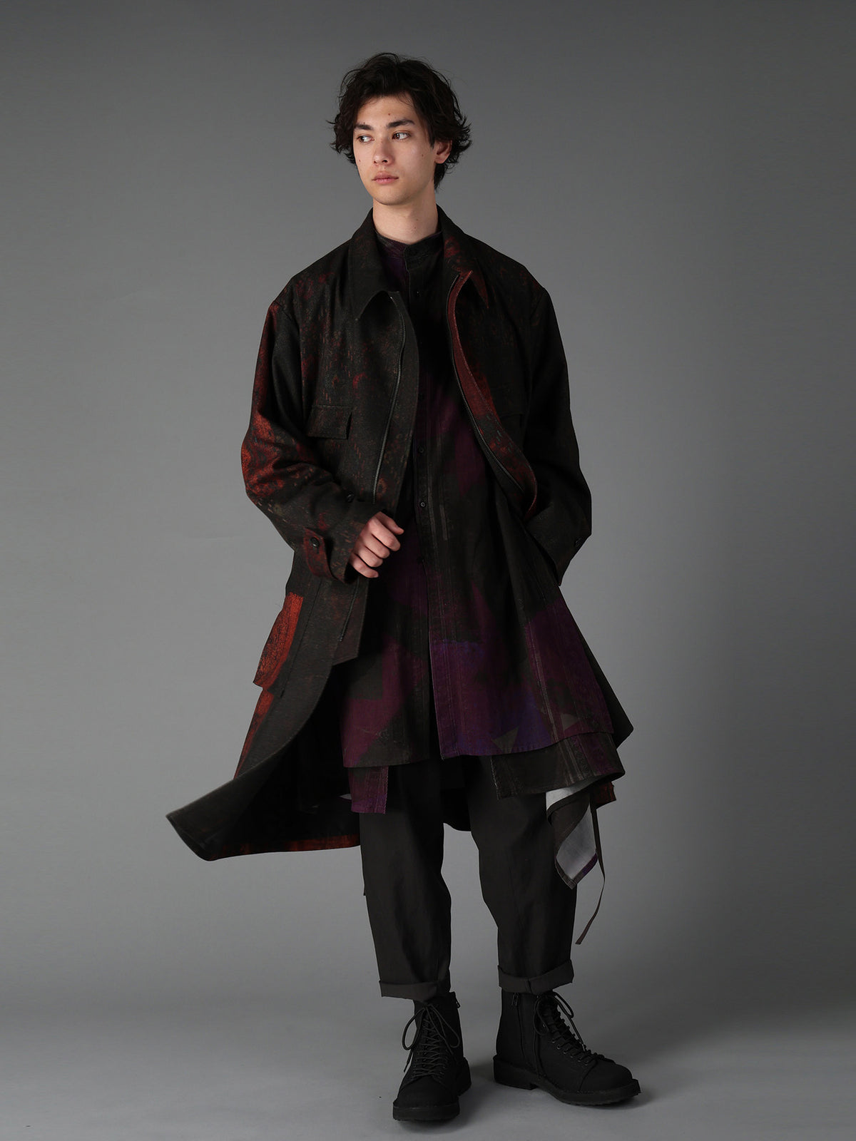 WOOL NYLON FLANNEL RUG PATTERN OUT-POCKET LONG COAT